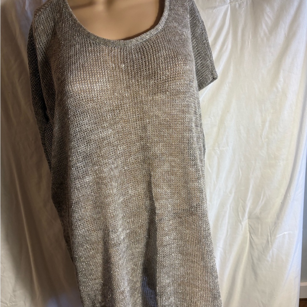 EILEEN FISHER Moon Gray Sparkle Linen Blend Web Tunic Sweater Top Large